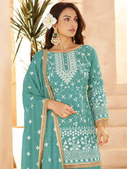 Fantastic Blue Embroidered Georgette Function Wear Palazzo Suit