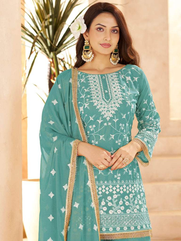 Fantastic Blue Embroidered Georgette Function Wear Palazzo Suit