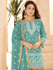 Fantastic Blue Embroidered Georgette Function Wear Palazzo Suit