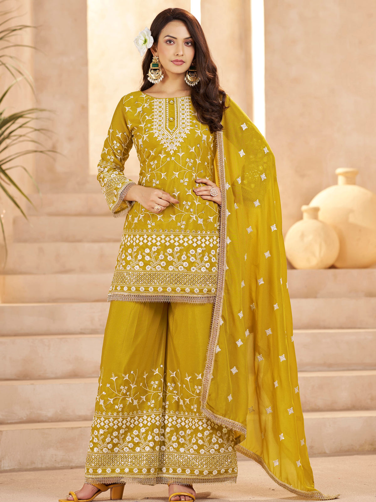 Graceful Yellow Embroidered Georgette Festival Wear Palazzo Suit