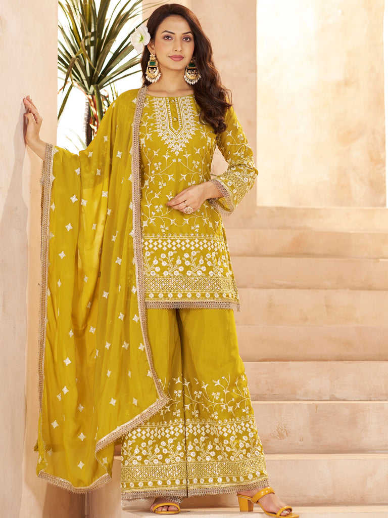 Graceful Yellow Embroidered Georgette Festival Wear Palazzo Suit