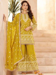 Graceful Yellow Embroidered Georgette Festival Wear Palazzo Suit