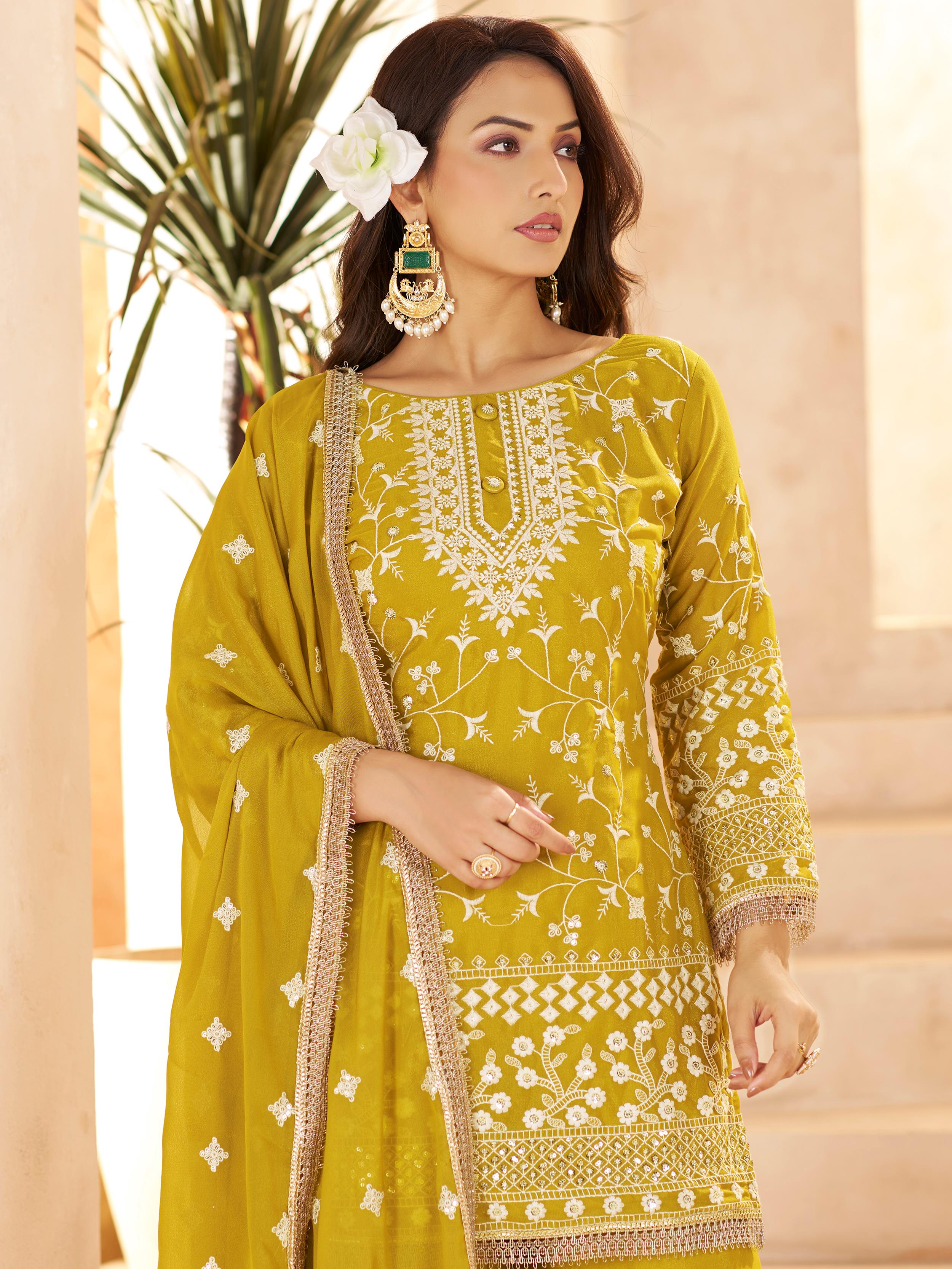 Graceful Yellow Embroidered Georgette Festival Wear Palazzo Suit