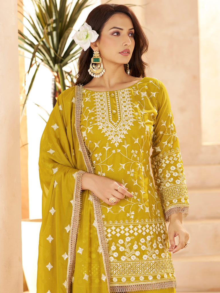Graceful Yellow Embroidered Georgette Festival Wear Palazzo Suit