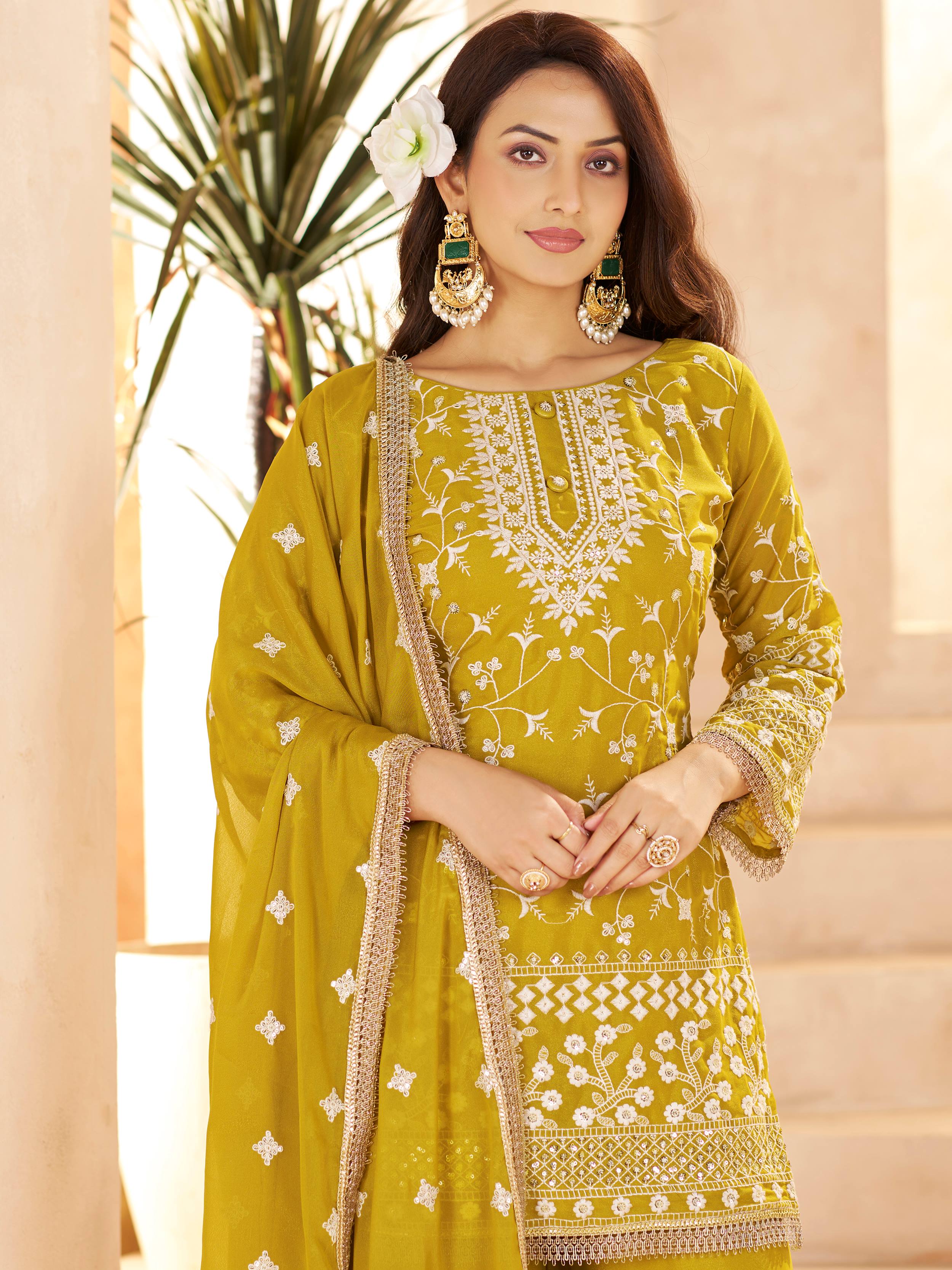 Graceful Yellow Embroidered Georgette Festival Wear Palazzo Suit