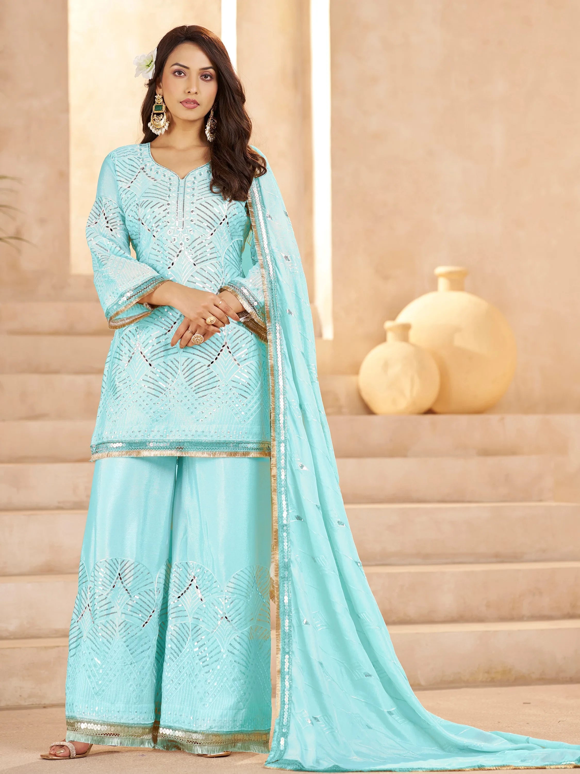 Enchanting Sky-Blue Mirror Work Chinon Traditional Palazzo Suit