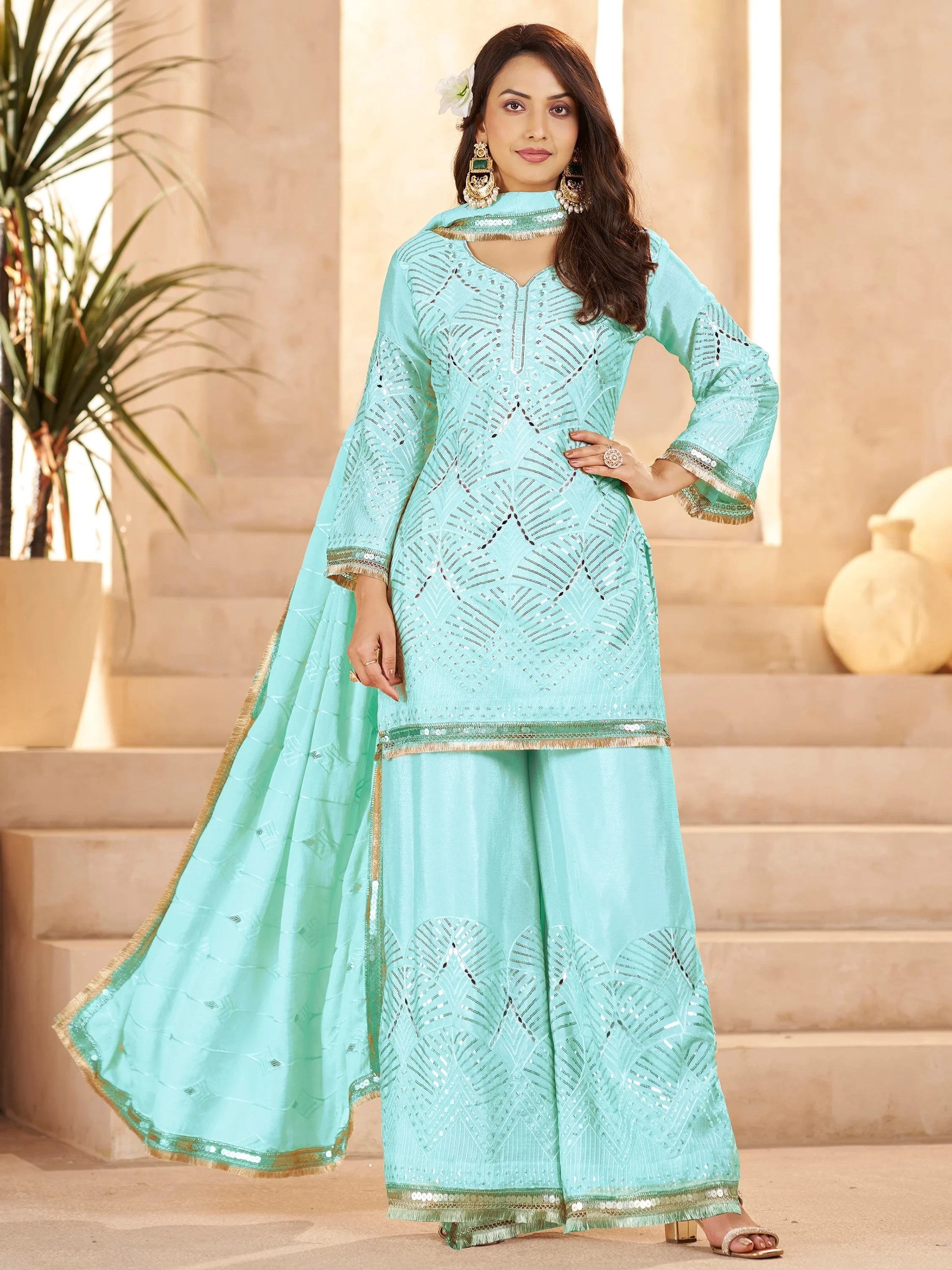 Enchanting Sky-Blue Mirror Work Chinon Traditional Palazzo Suit