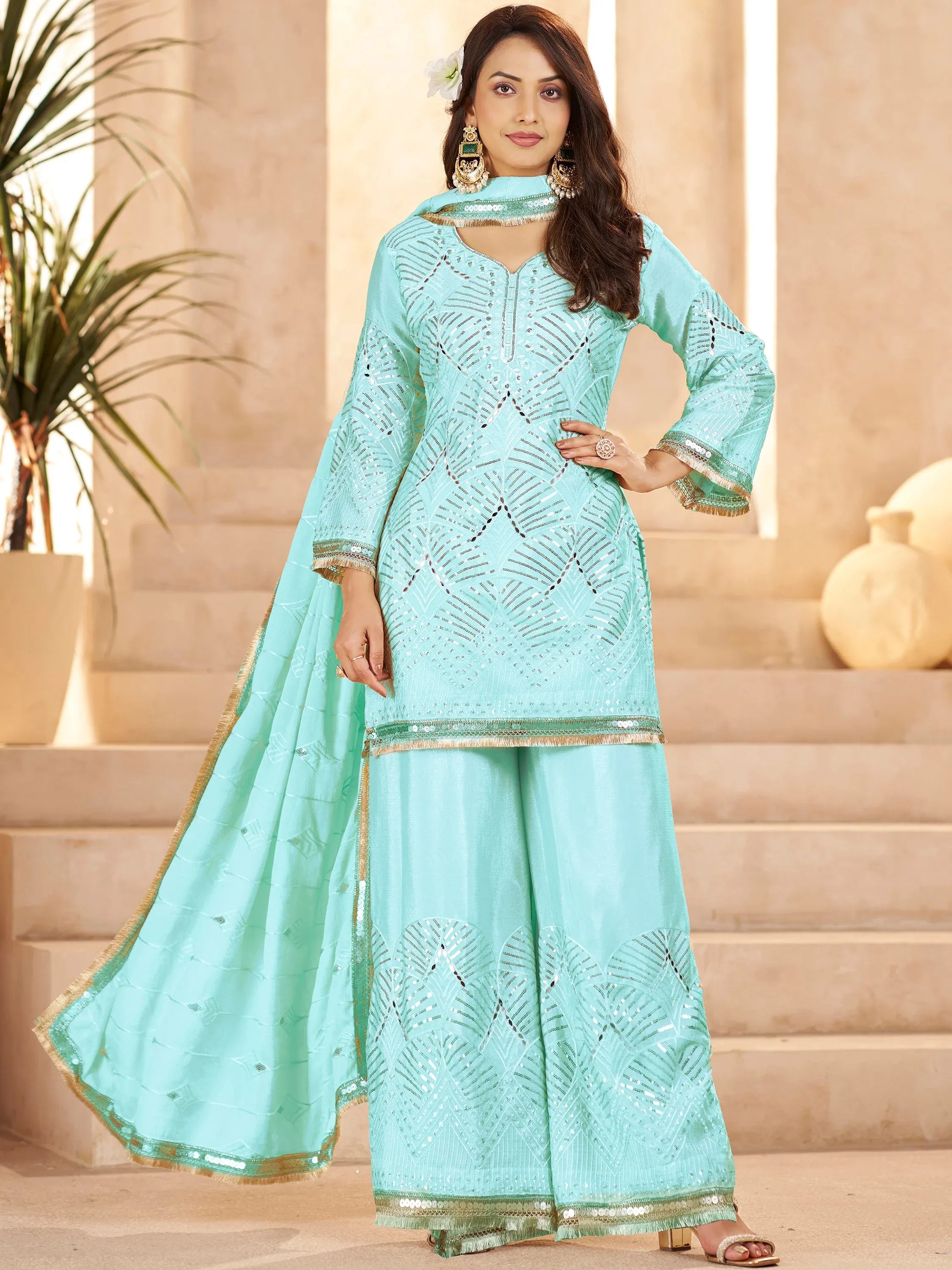 Enchanting Sky-Blue Mirror Work Chinon Traditional Palazzo Suit