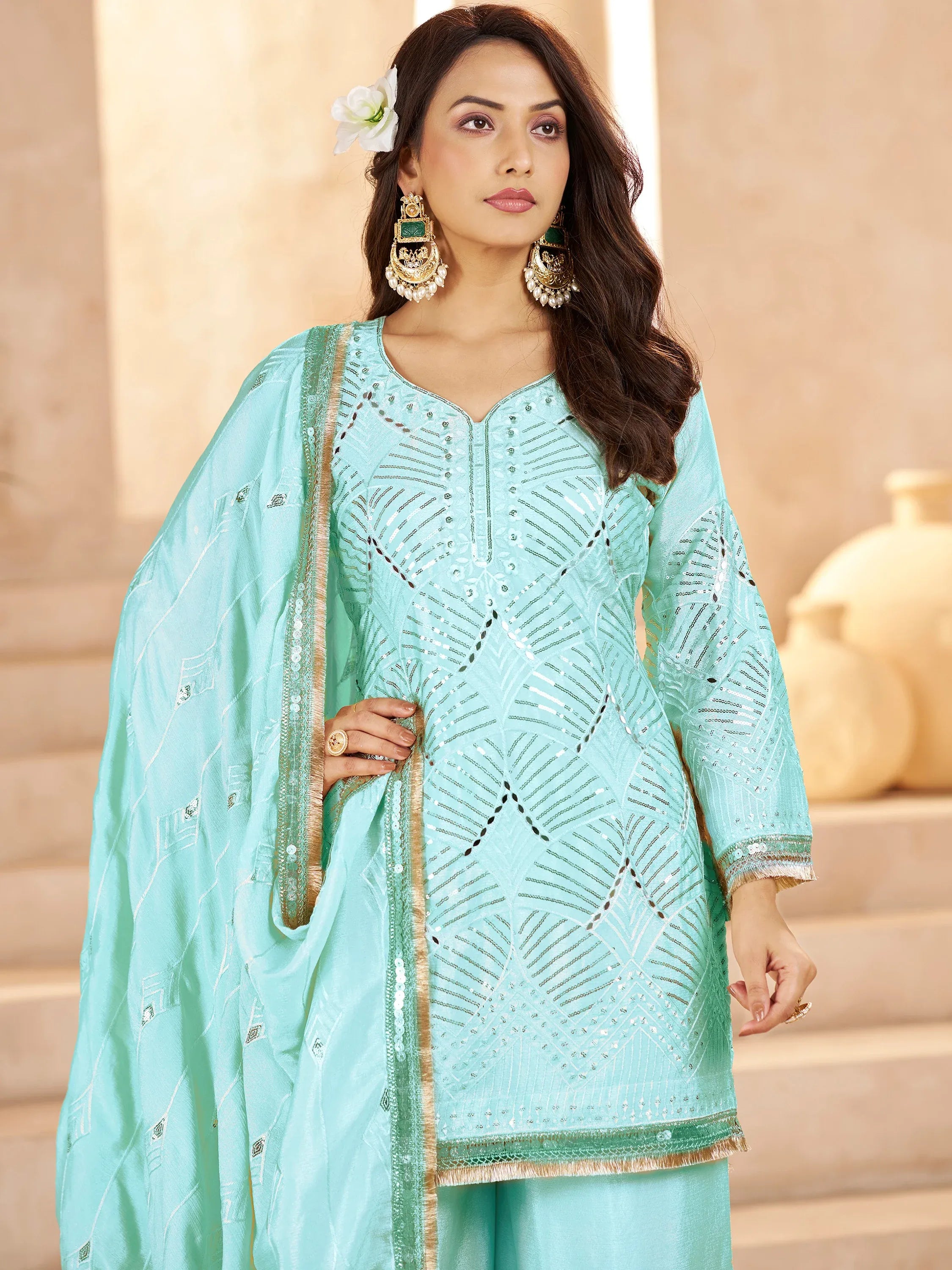 Enchanting Sky-Blue Mirror Work Chinon Traditional Palazzo Suit