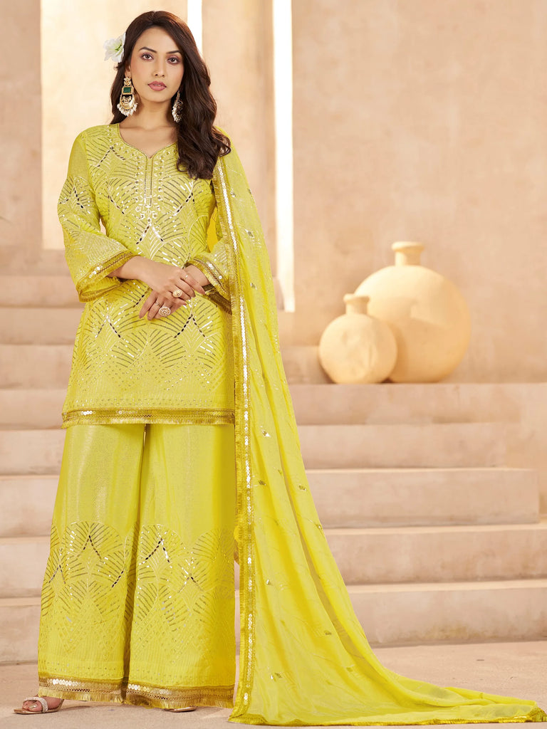 Fabulous Yellow Mirror Work Chinon Eid Special Palazzo Suit With Dupatta