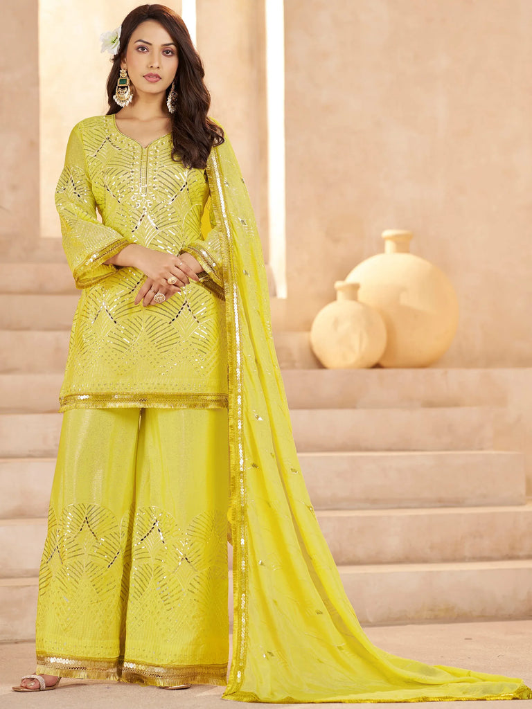 Fabulous Yellow Mirror Work Chinon Eid Special Palazzo Suit With Dupatta