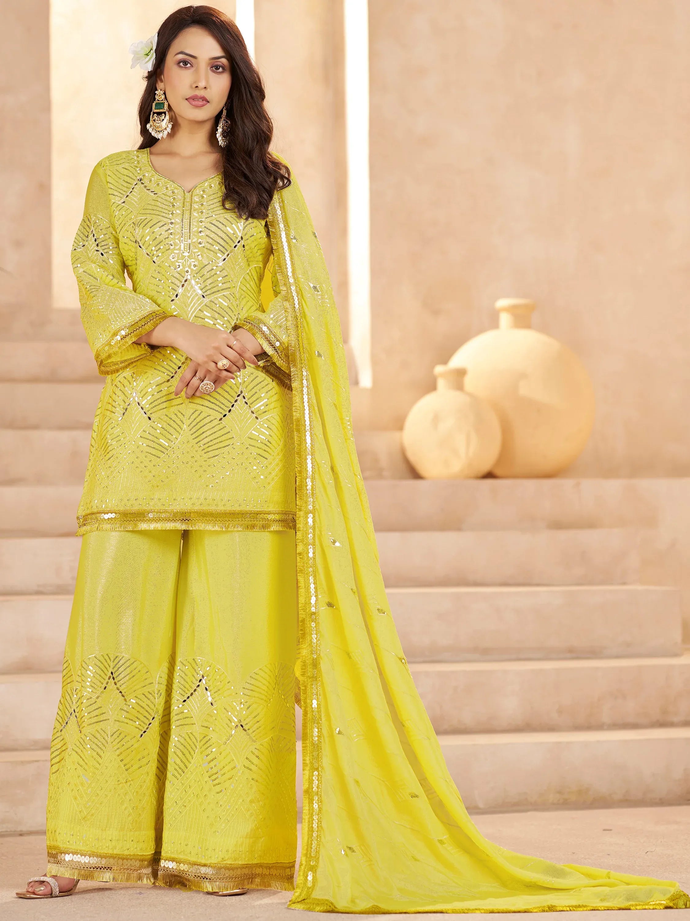 Fabulous Yellow Mirror Work Chinon Eid Special Palazzo Suit With Dupatta