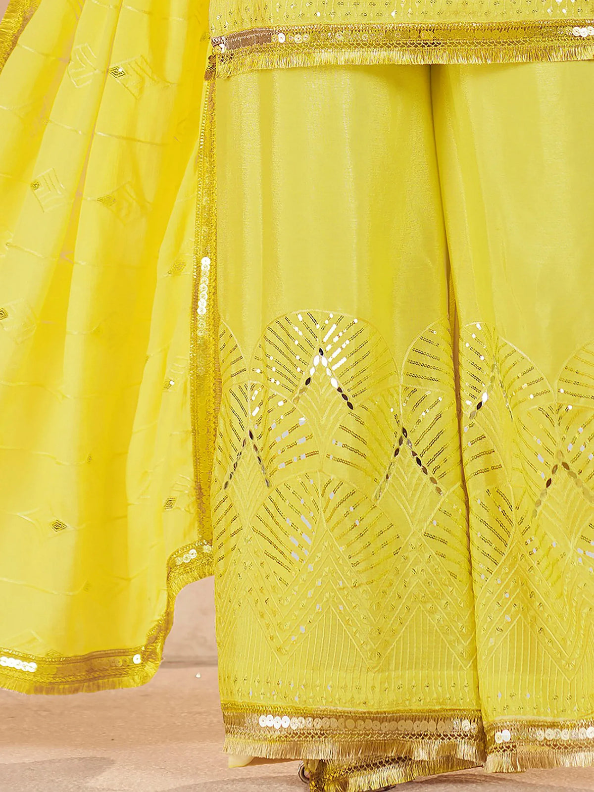Fabulous Yellow Mirror Work Chinon Eid Special Palazzo Suit With Dupatta