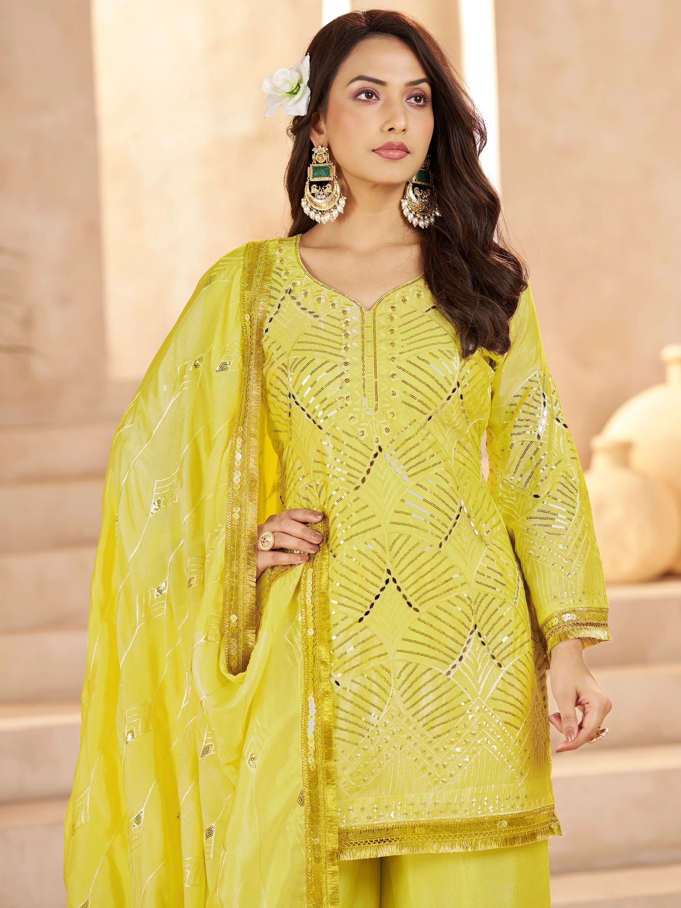 Fabulous Yellow Mirror Work Chinon Eid Special Palazzo Suit With Dupatta