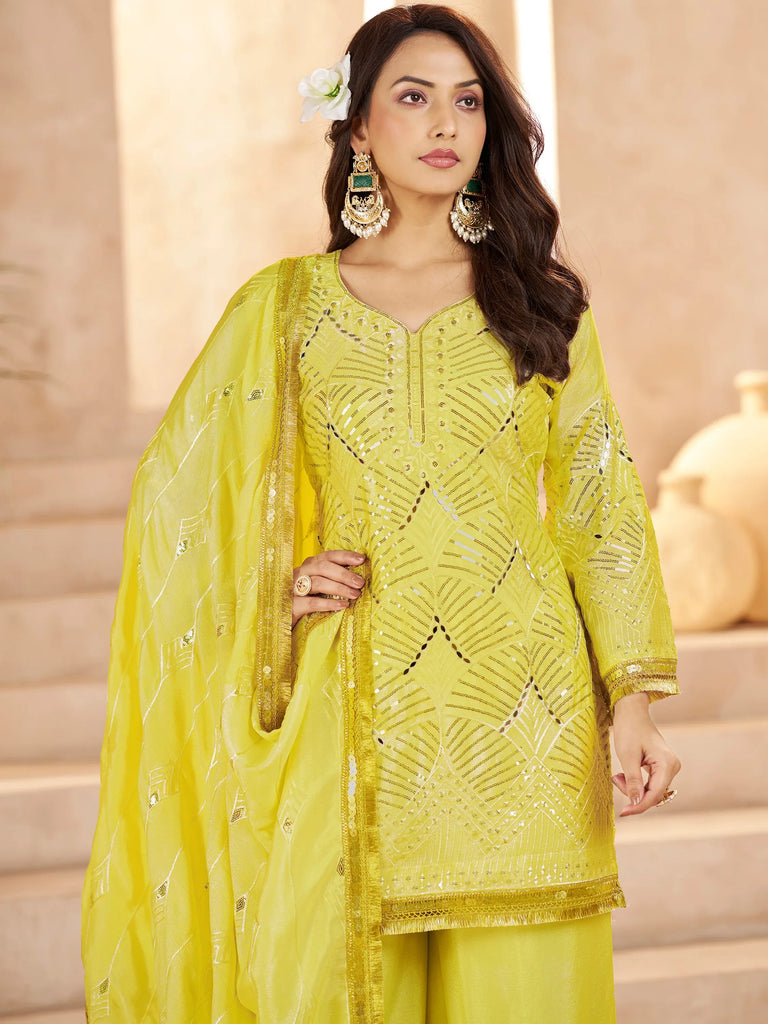 Fabulous Yellow Mirror Work Chinon Eid Special Palazzo Suit With Dupatta