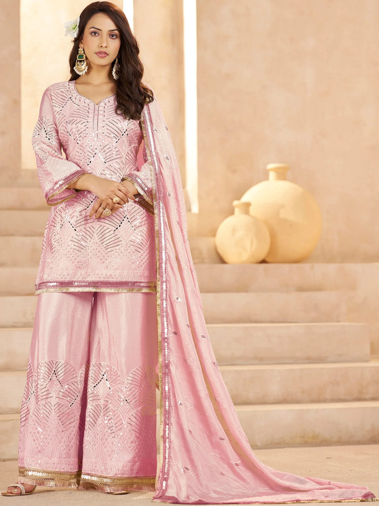 Elegant Pink Mirror Work Chinon Reception Wear Palazzo Suit