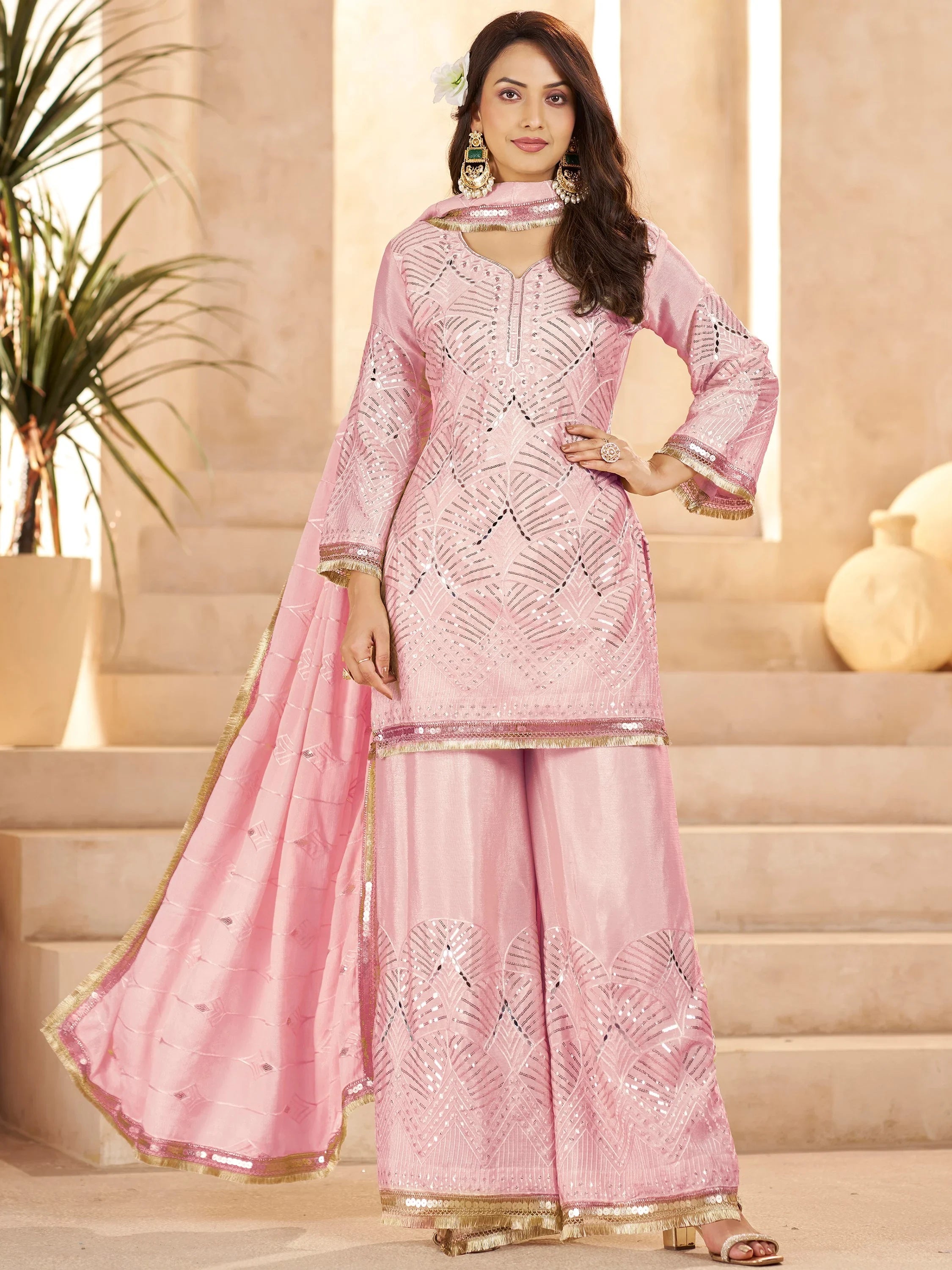 Elegant Pink Mirror Work Chinon Reception Wear Palazzo Suit