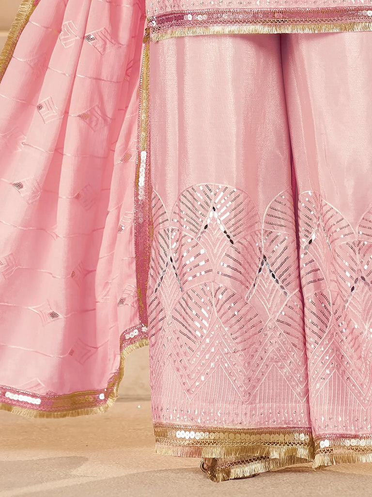 Elegant Pink Mirror Work Chinon Reception Wear Palazzo Suit
