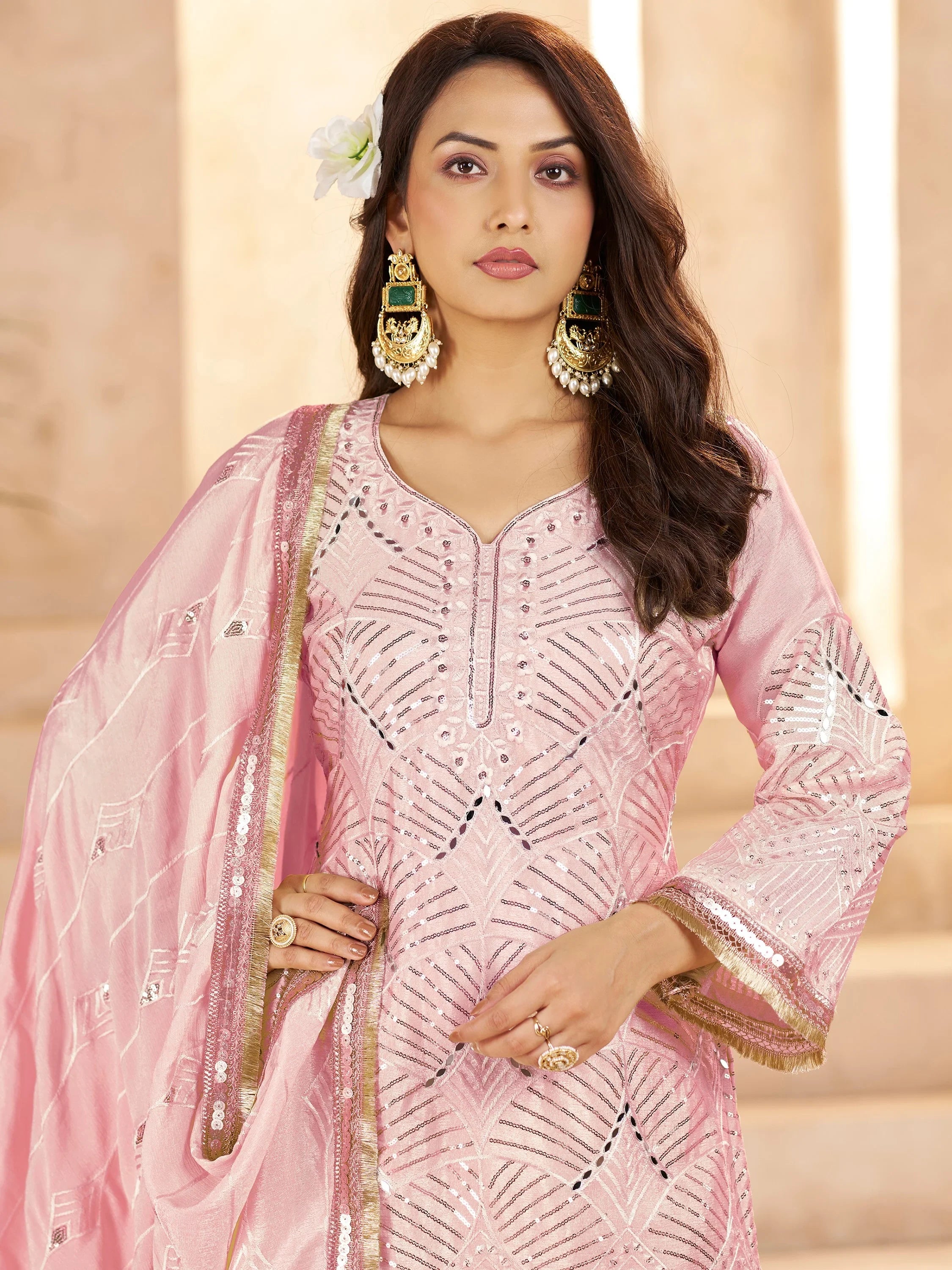 Elegant Pink Mirror Work Chinon Reception Wear Palazzo Suit