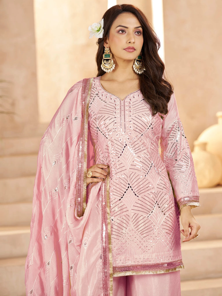 Elegant Pink Mirror Work Chinon Reception Wear Palazzo Suit