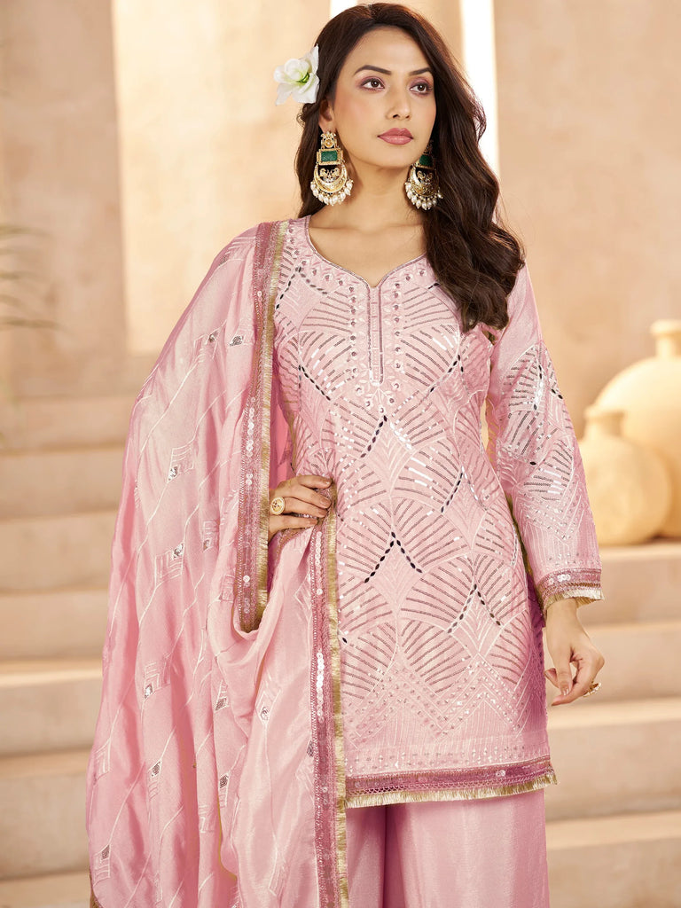 Elegant Pink Mirror Work Chinon Reception Wear Palazzo Suit