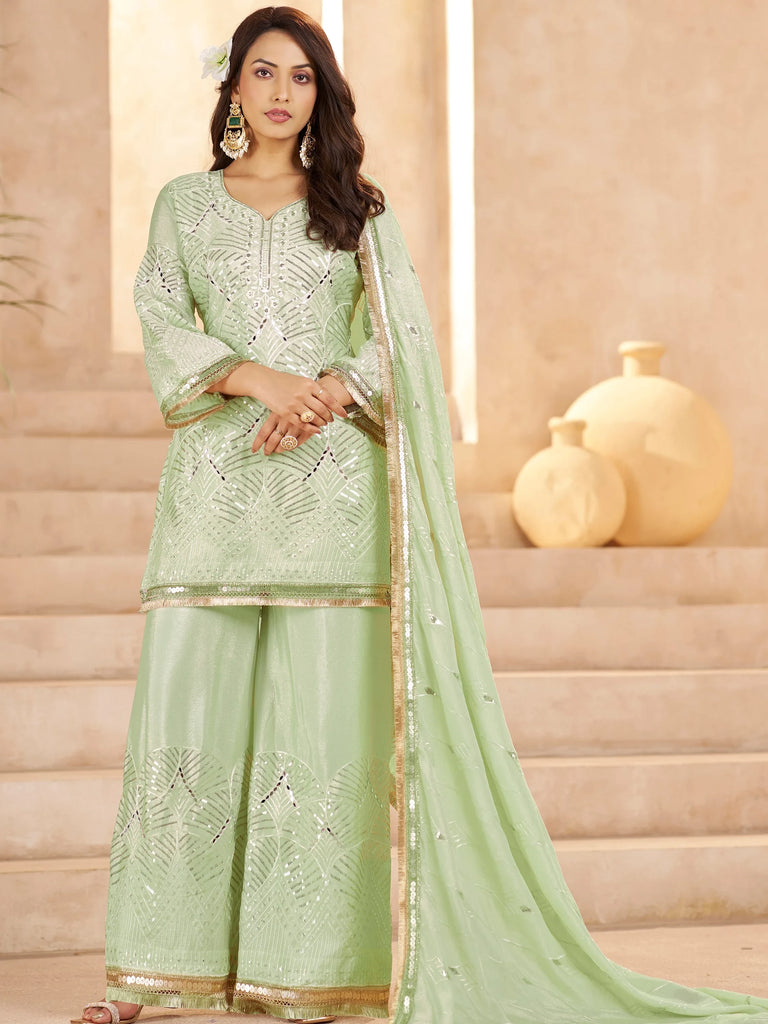 Beautiful Pista Green Mirror Work Chinon Festival Wear Palazzo Suit