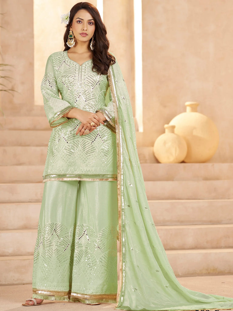 Beautiful Pista Green Mirror Work Chinon Festival Wear Palazzo Suit