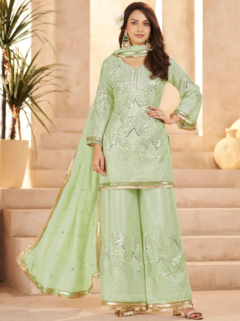 Beautiful Pista Green Mirror Work Chinon Festival Wear Palazzo Suit