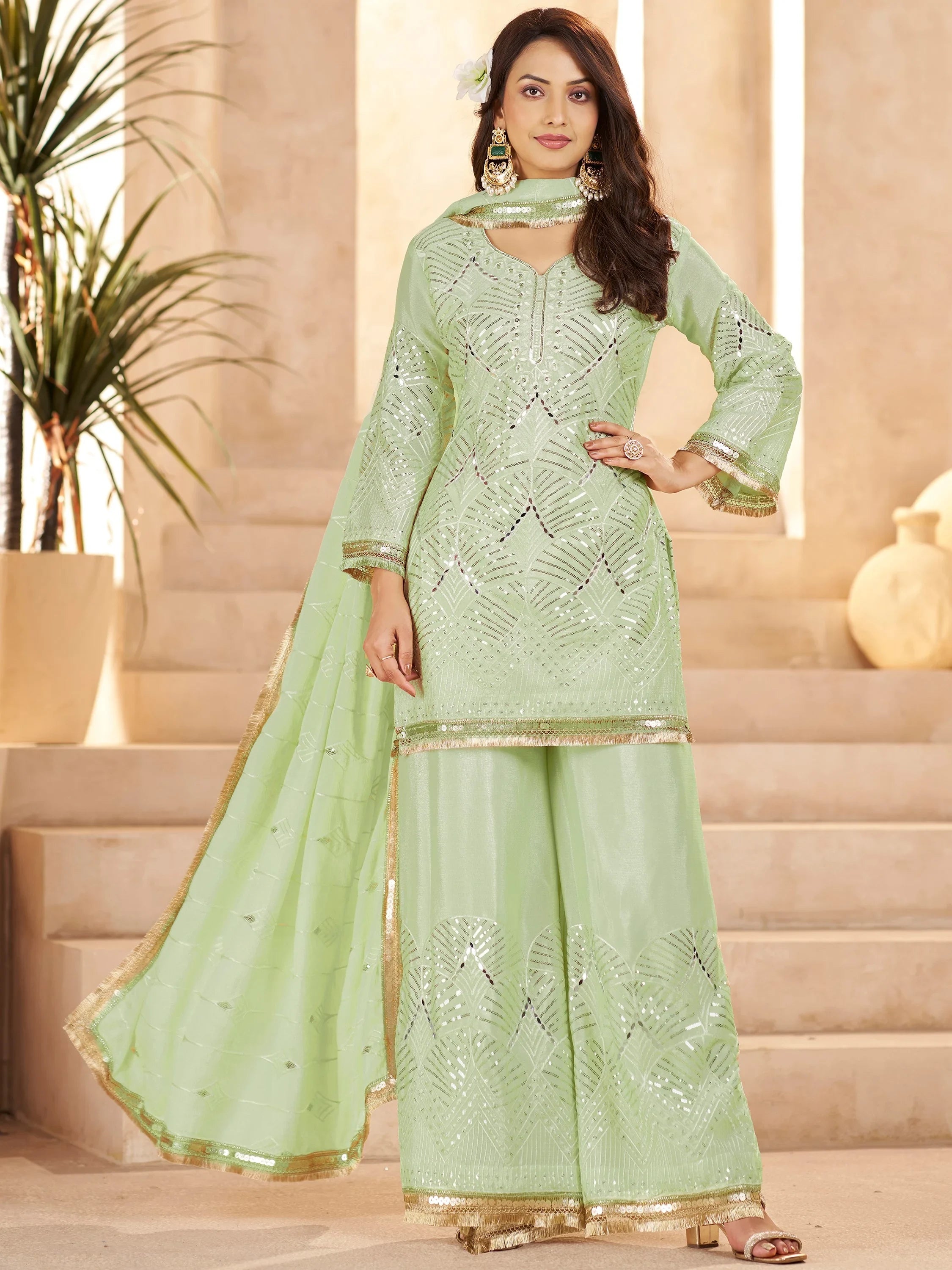 Beautiful Pista Green Mirror Work Chinon Festival Wear Palazzo Suit