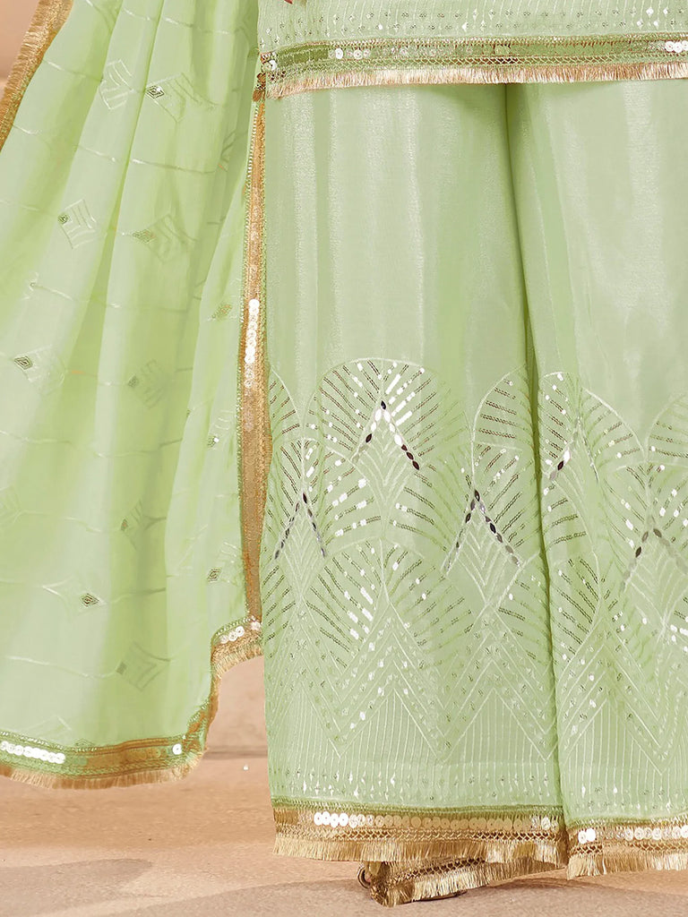 Beautiful Pista Green Mirror Work Chinon Festival Wear Palazzo Suit
