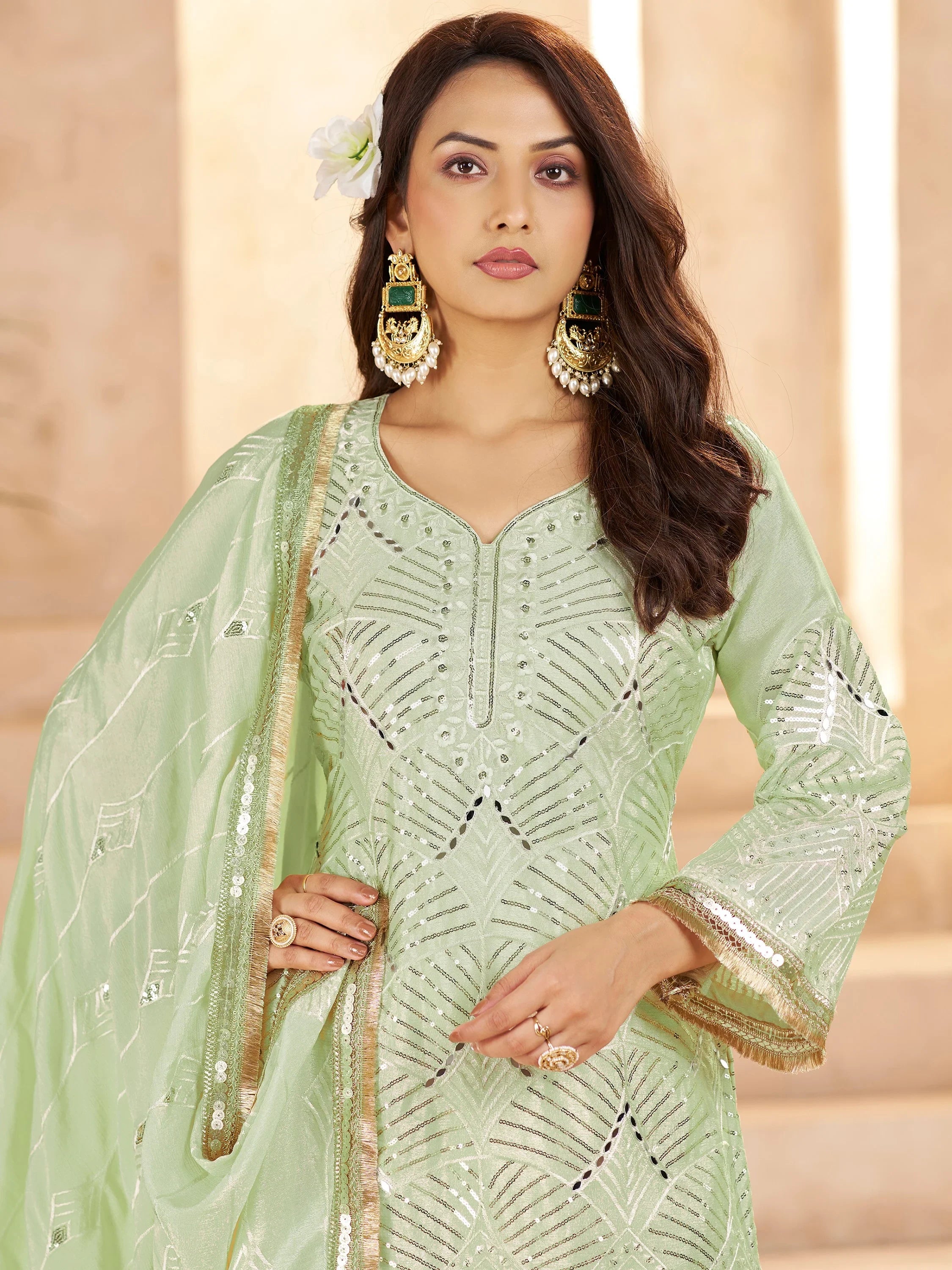 Beautiful Pista Green Mirror Work Chinon Festival Wear Palazzo Suit