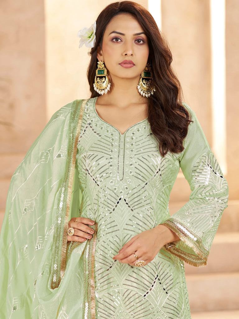 Beautiful Pista Green Mirror Work Chinon Festival Wear Palazzo Suit