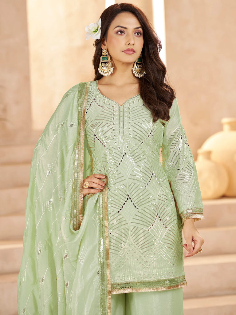 Beautiful Pista Green Mirror Work Chinon Festival Wear Palazzo Suit