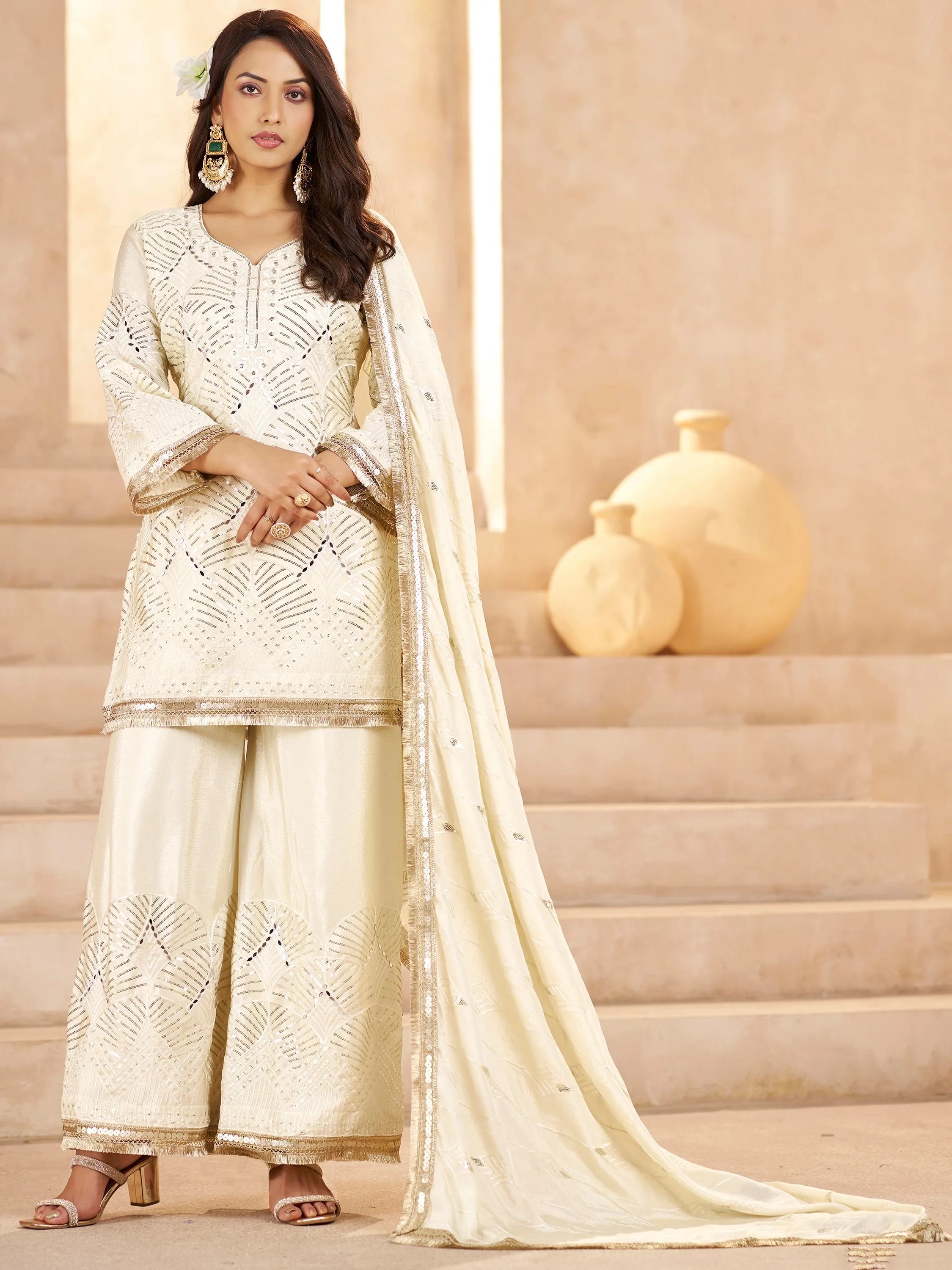 Sparkling Off-White Sequins Chinon Festival Wear Palazzo Suit