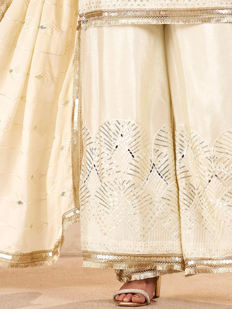 Sparkling Off-White Sequins Chinon Festival Wear Palazzo Suit