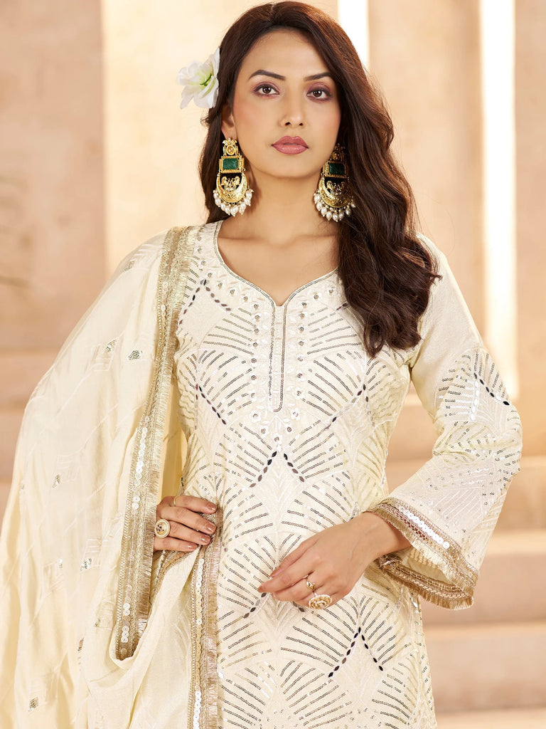 Sparkling Off-White Sequins Chinon Festival Wear Palazzo Suit