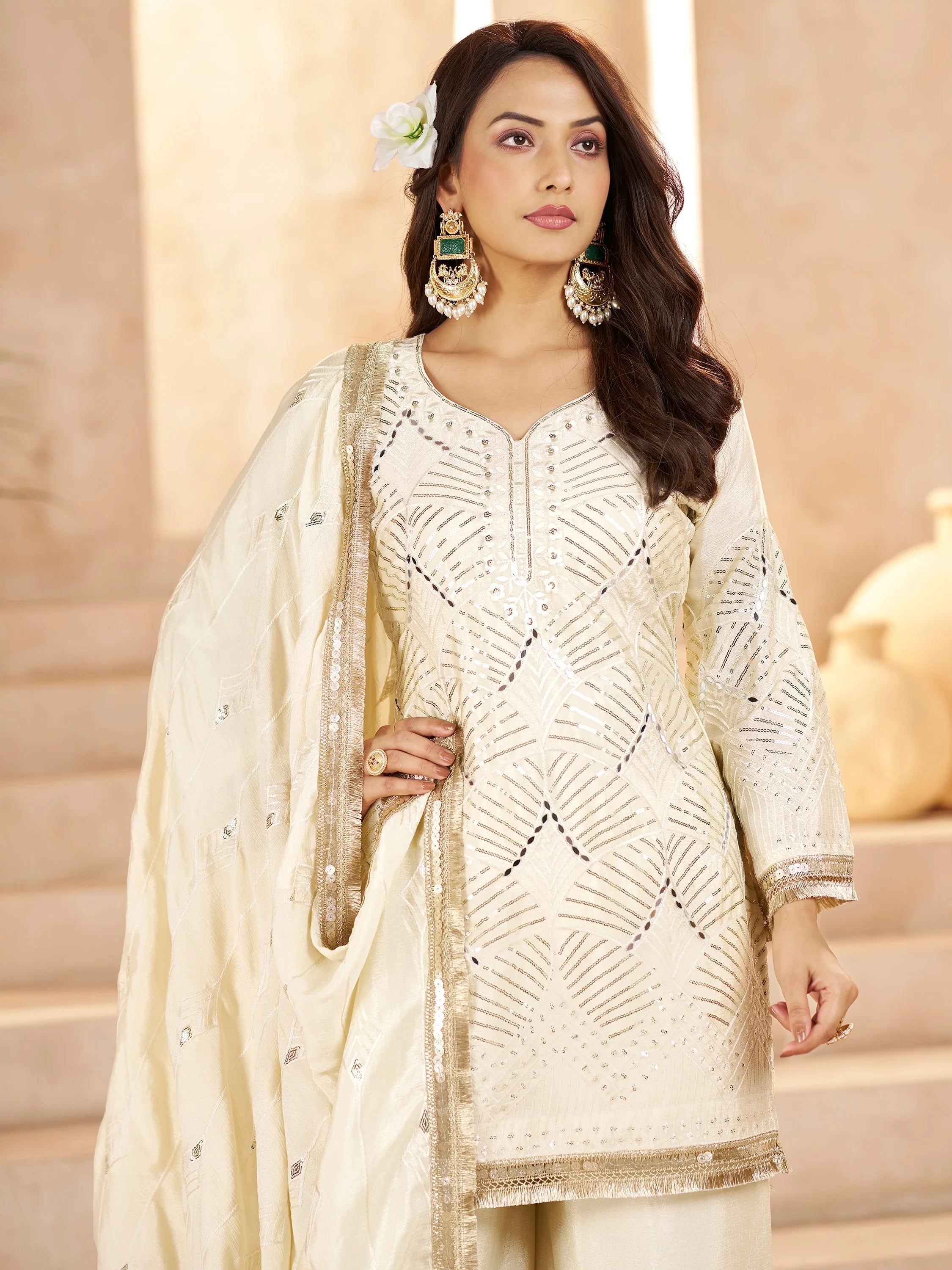 Sparkling Off-White Sequins Chinon Festival Wear Palazzo Suit