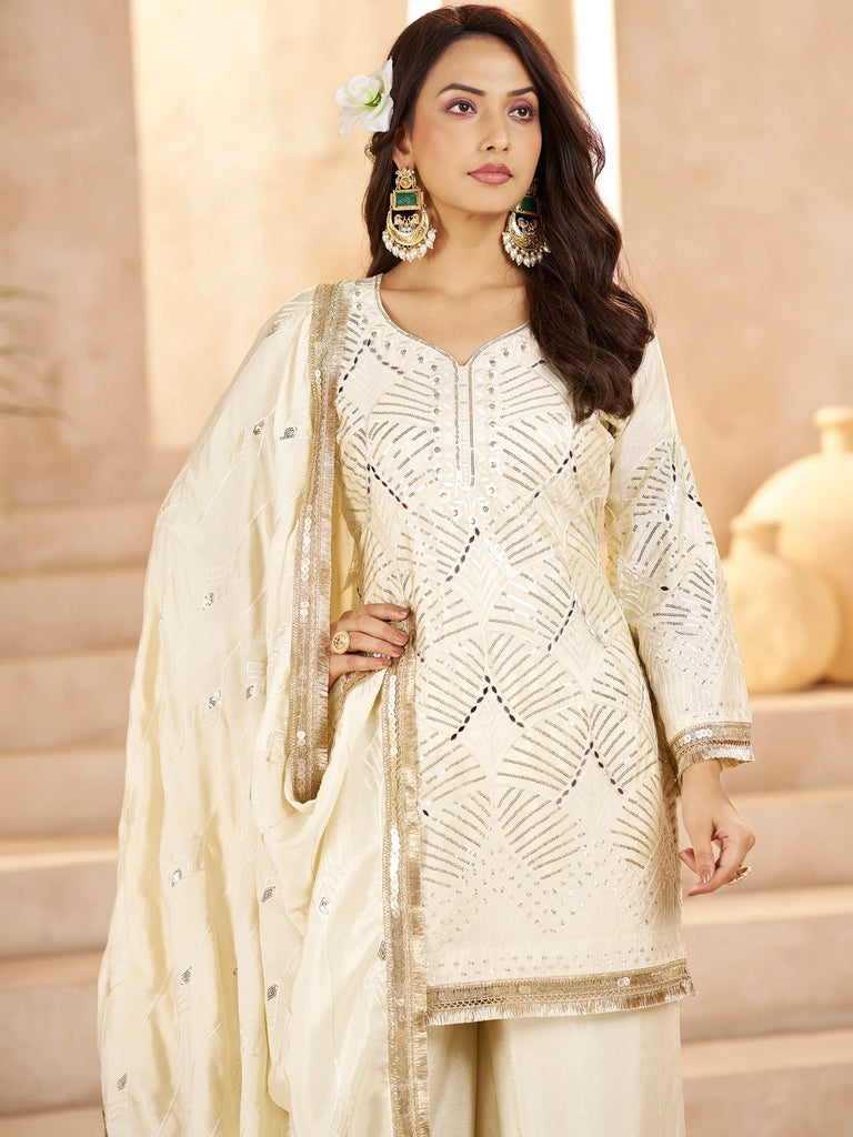Sparkling Off-White Sequins Chinon Festival Wear Palazzo Suit