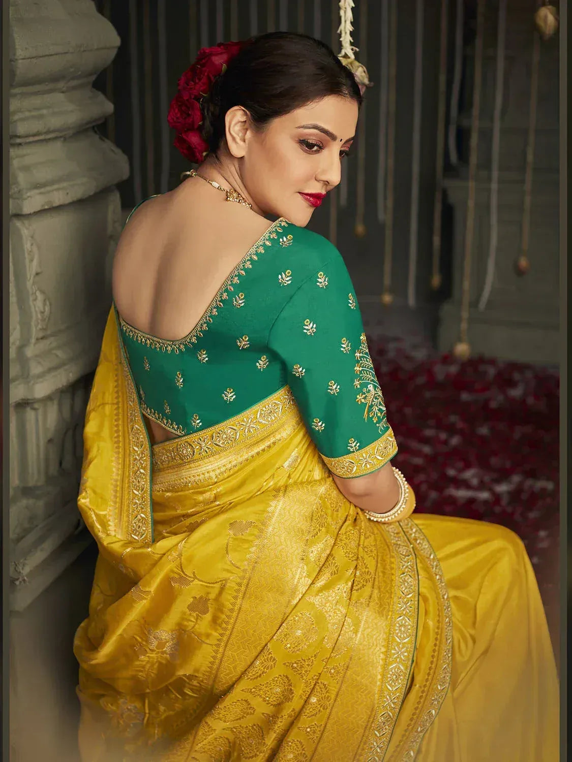 Elegant yellow saree with green embroidered blouse, perfect for Indian ethnic occasions