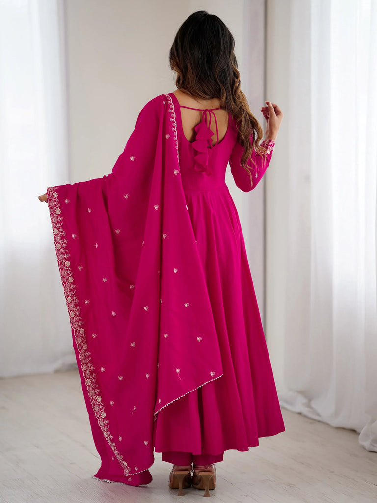 Glowing Pink Beads Work Chanderi Silk Festival Wear Anarkali Suit