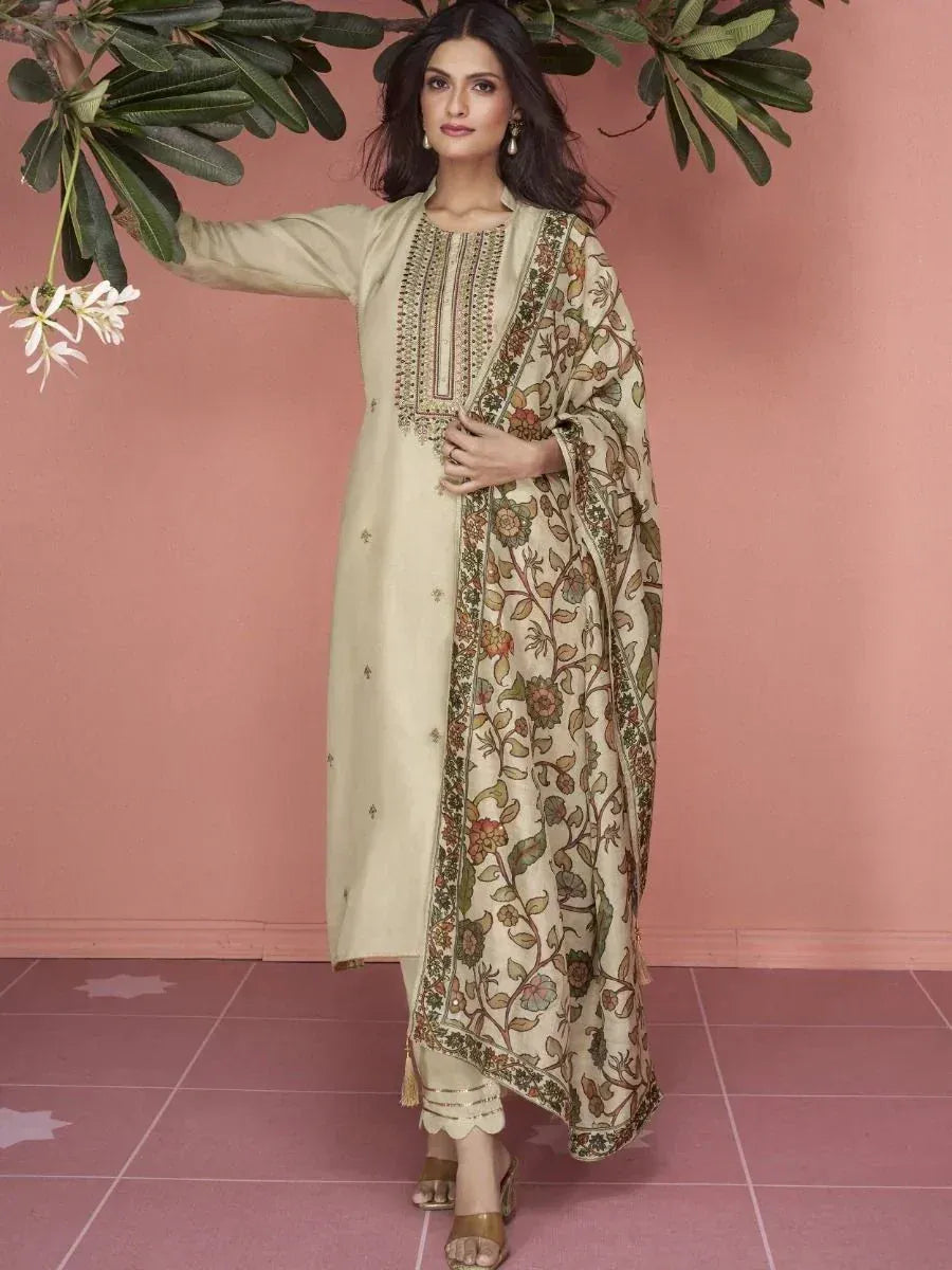 Beige embroidered salwar kameez with floral dupatta, Indian ethnic wear for women