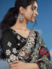 Adorable Black Floral Brasso Ceremony Wear Saree With Blouse