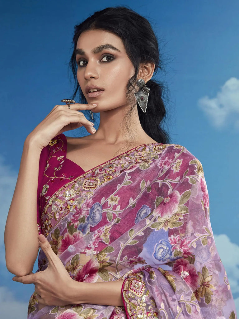 Endearing Lavender Floral Brasso Function Wear Saree With Blouse