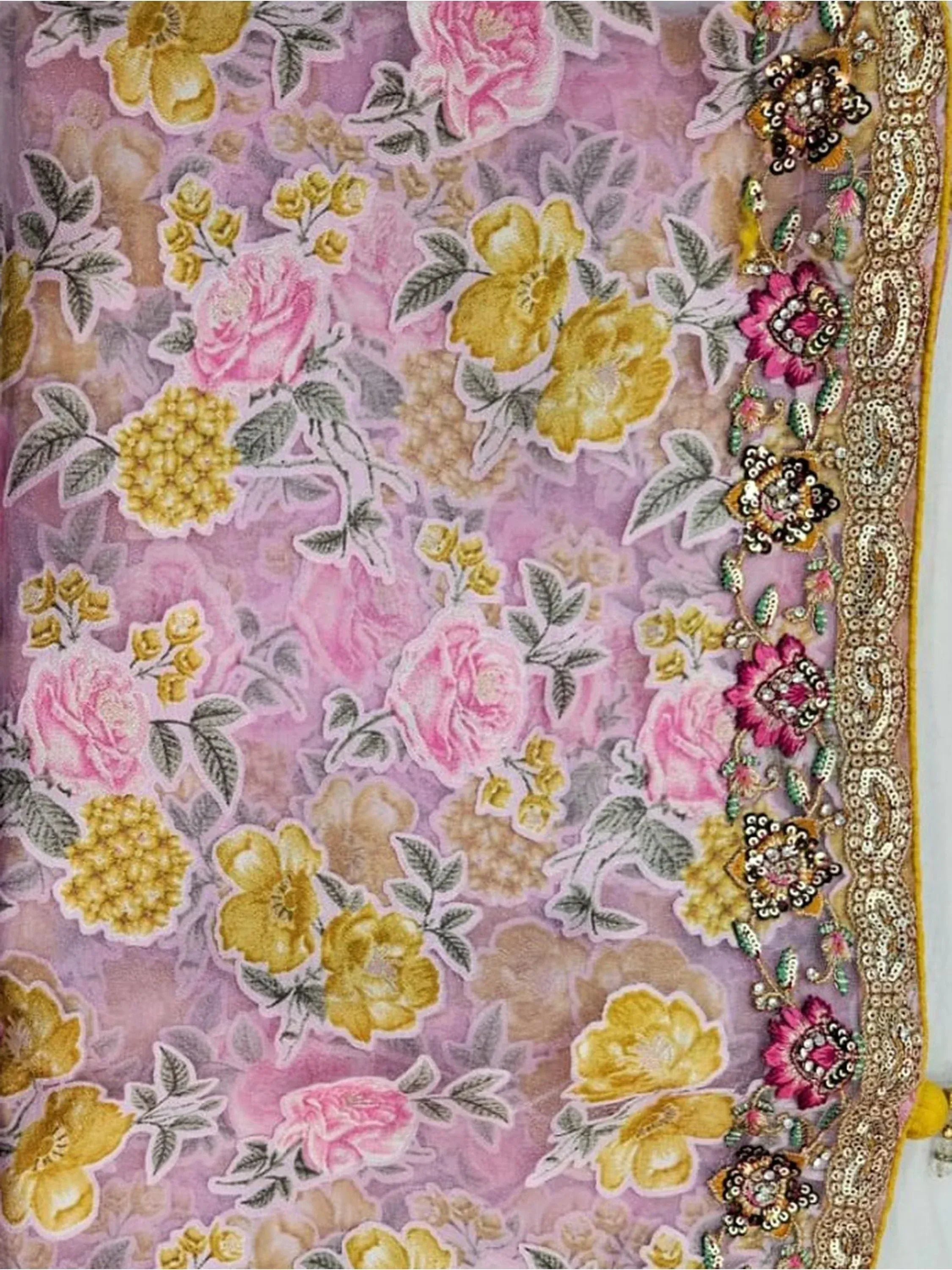 Pink and gold floral embroidered ethnic dupatta with sequin border