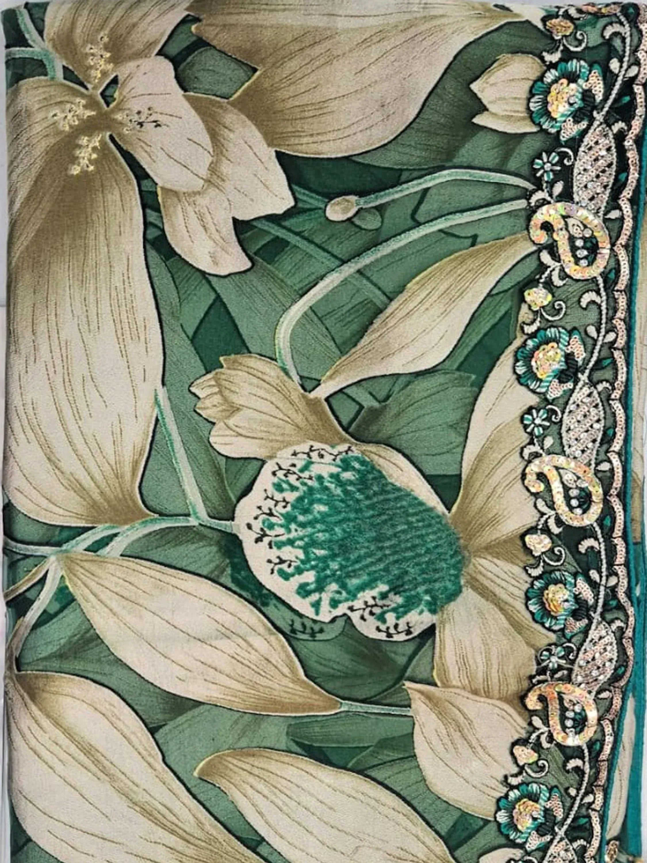 Green and beige floral embroidered fabric with intricate border for ethnic wear