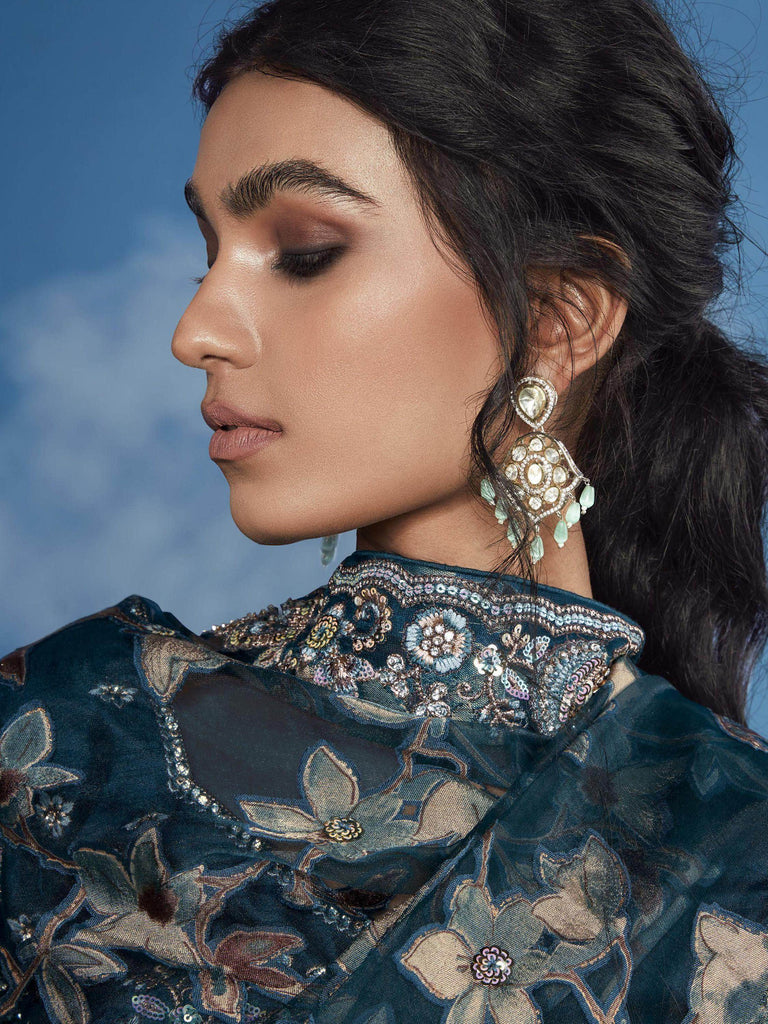 Lovely Teal Blue Floral Brasso Engagement Wear Saree With Blouse