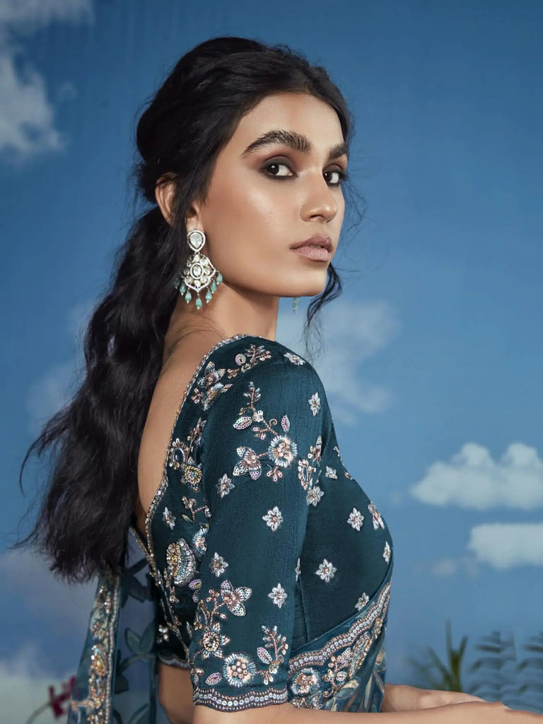 Lovely Teal Blue Floral Brasso Engagement Wear Saree With Blouse