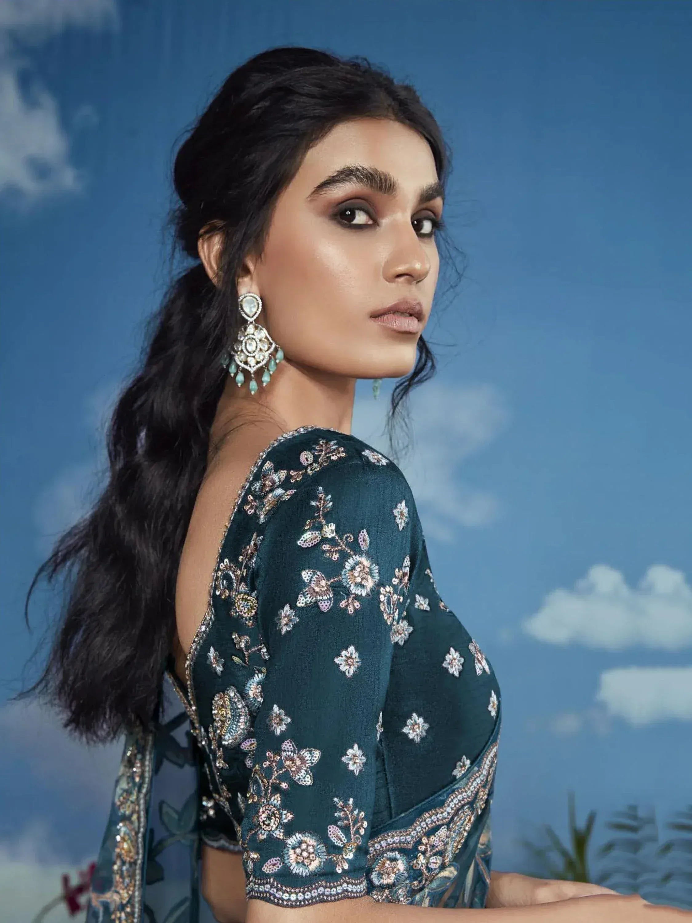 Lovely Teal Blue Floral Brasso Engagement Wear Saree With Blouse