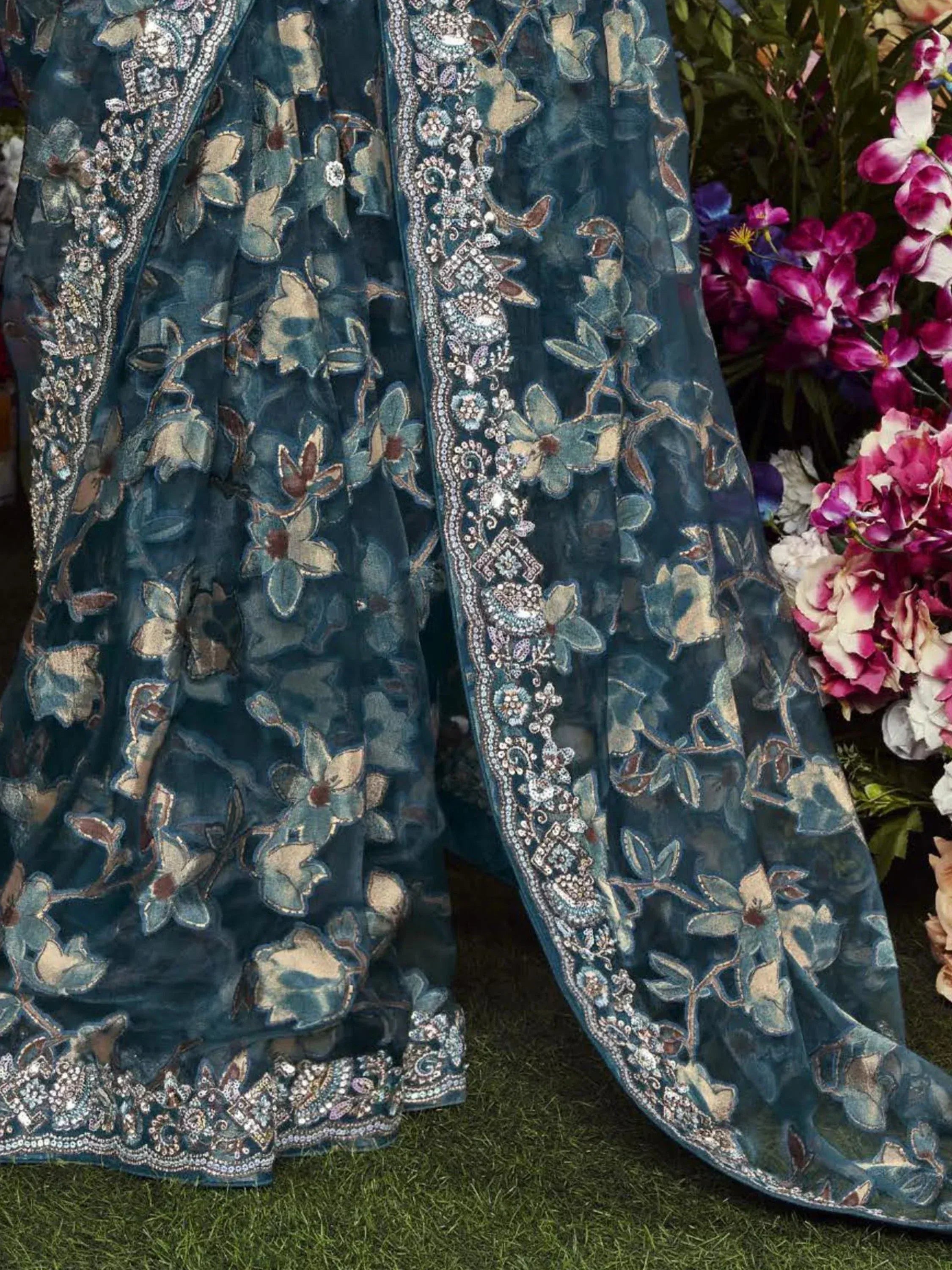 Lovely Teal Blue Floral Brasso Engagement Wear Saree With Blouse