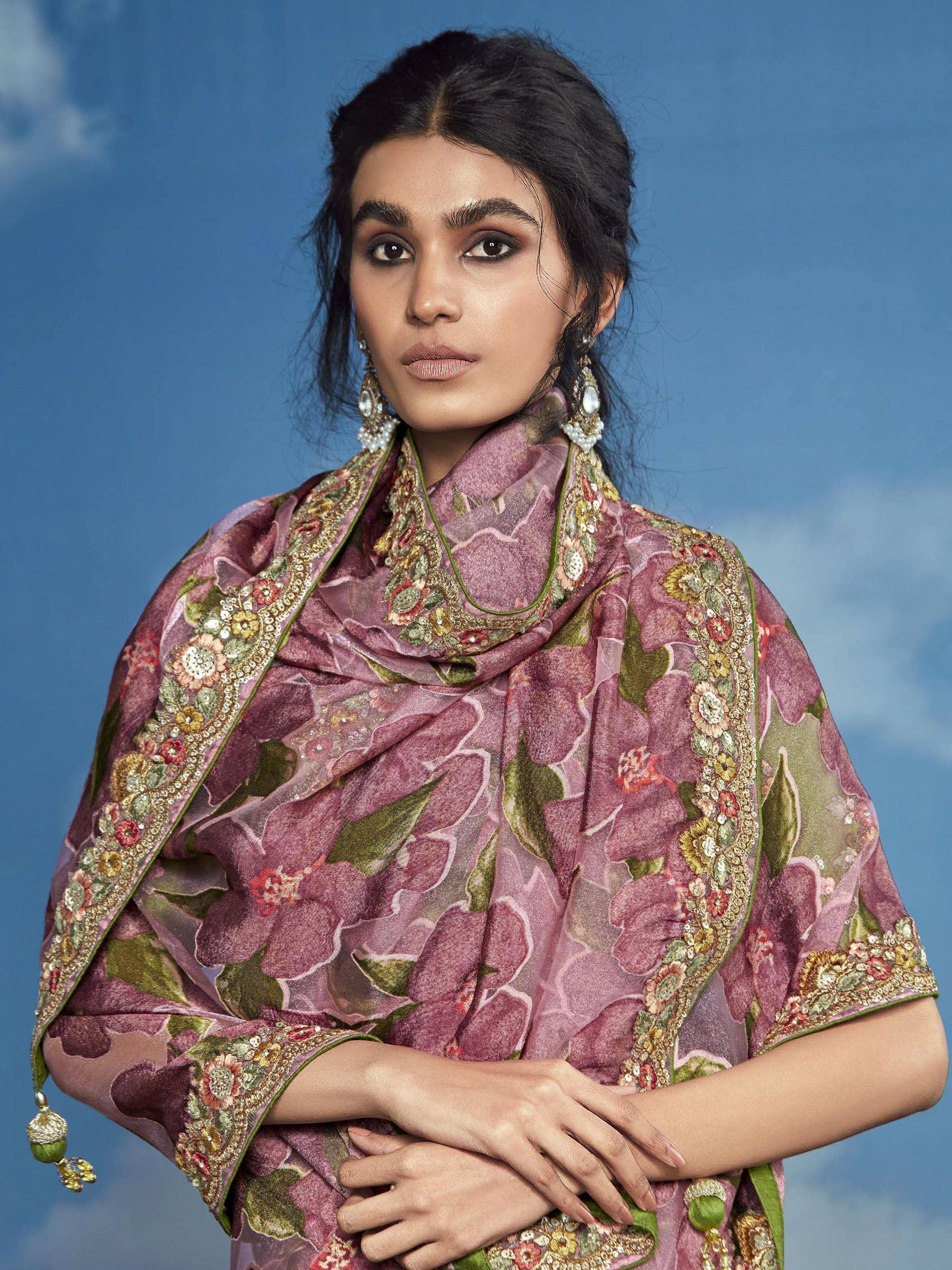 Elegant floral embroidered ethnic shawl with gold detailing, perfect for Indian wear